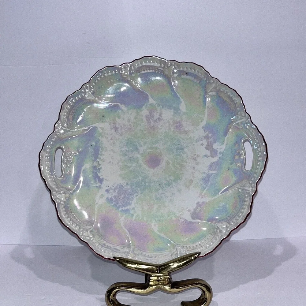 VTG 1920s Pearlescent Leuchtenberg Handled Cake Plate Made in‎ Germany Scalloped
